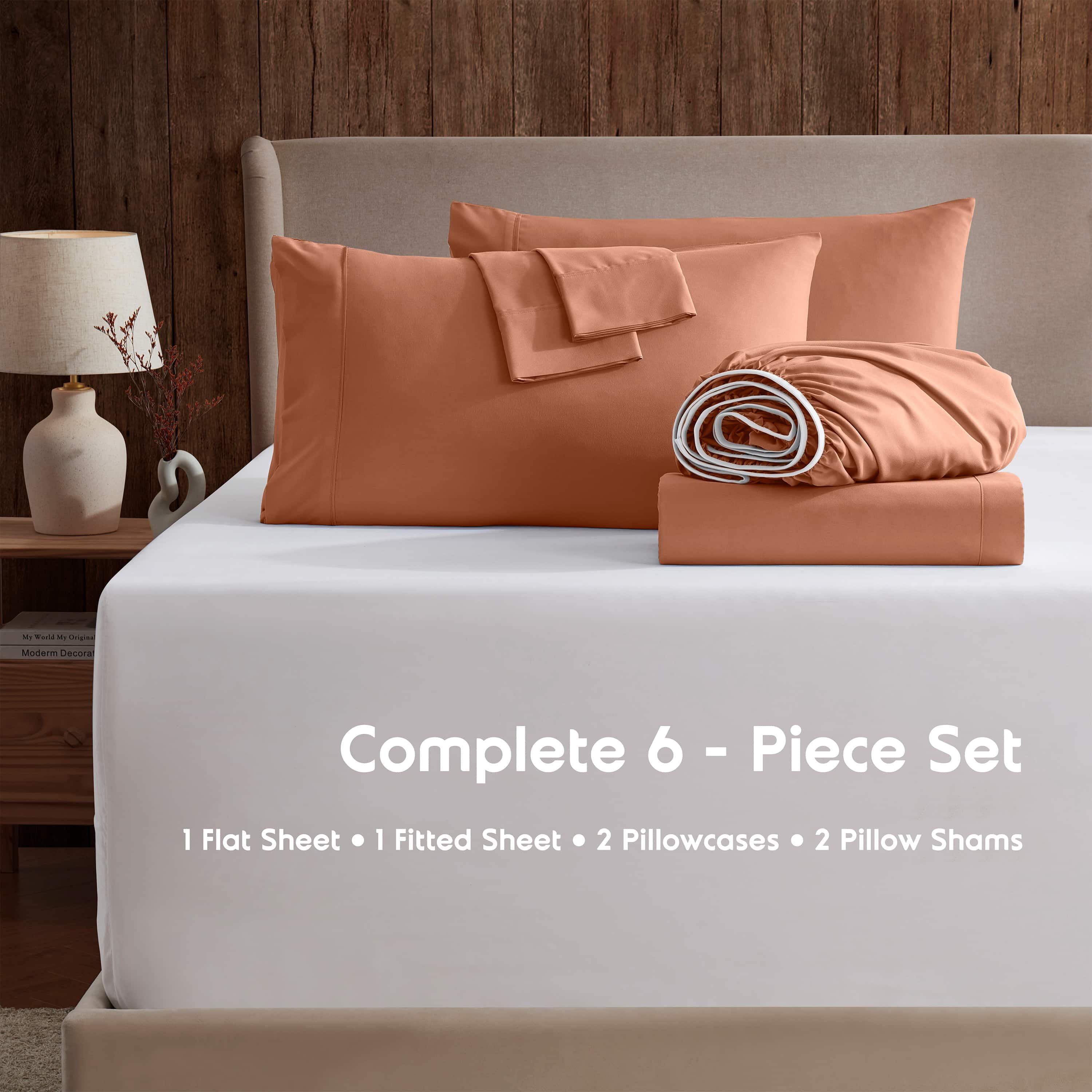 LammaLoe Extra Deep Pocket King Sheets set, Fits 18"-24" Mattress, 6 Piece Soft Microfiber Bed Sheet Sets, Rust Orange Brown