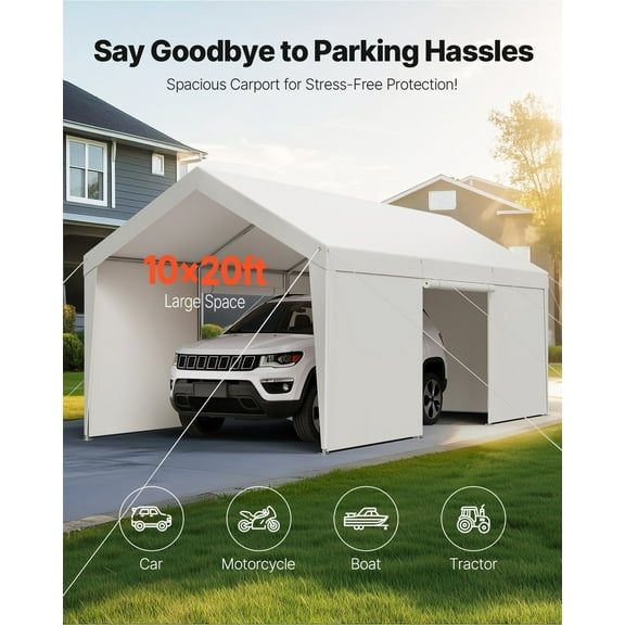 10x20FT Carport Canopy Heavy Duty with Sidewalls, White Outdoor Car Shelter - Easy Assembly