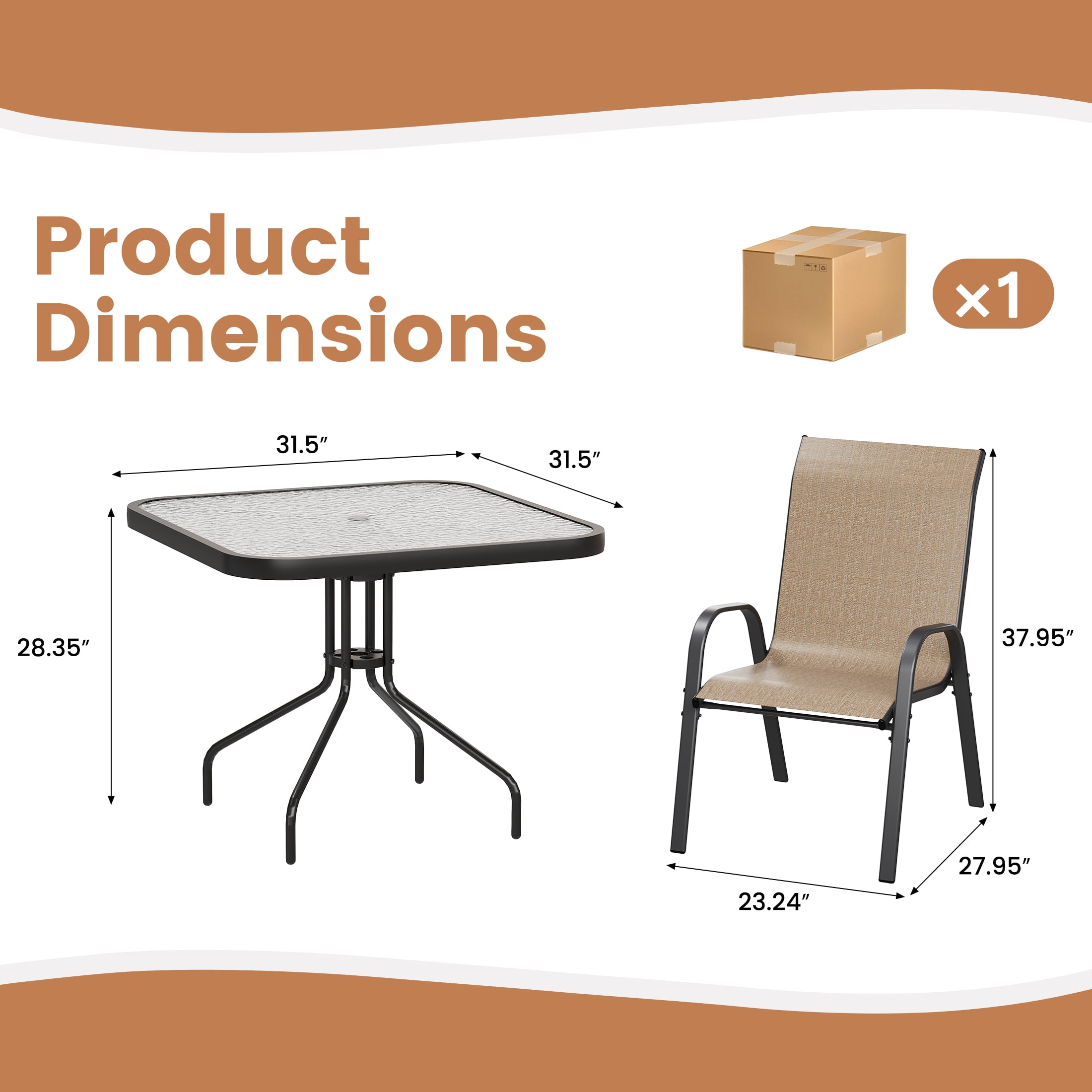 ELPOSUN Outdoor Dining Set of 5, Patio Table and Chairs Set, Textured Glass Tabletop, 4 Stackable Patio Chairs, Patio Furniture, Balcony, Porch, Lawn- Brown