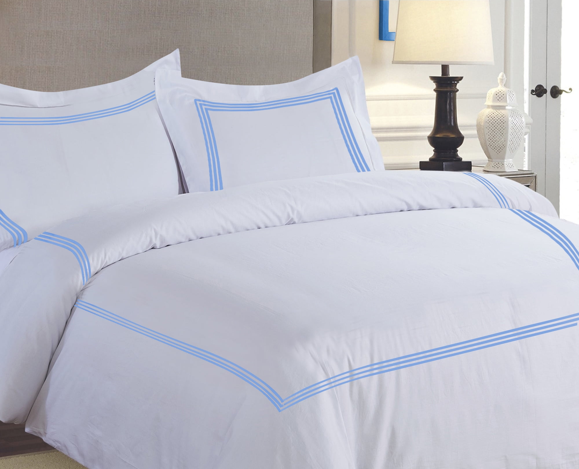 MISR LINEN 400 Thread Count Egyptian Cotton Twin Size 3-Piece DuvetCover Set with 3 Line Embriodery Zipper Closer & Corner Ties (1 Duvet Cover & 2 Pillow Sham), Light Blue Solid
