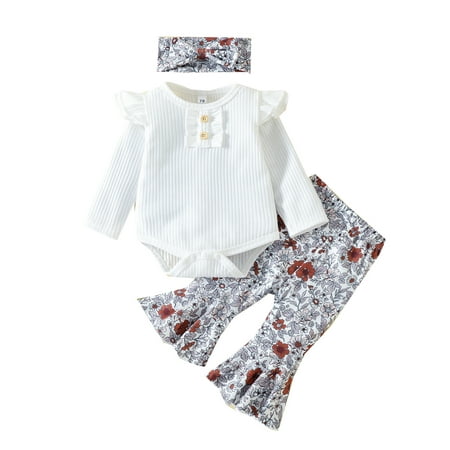 

GWAABD Clothes for Summer White Cotton Blend Toddler Girls Long Sleeve Print Ribbed Tops Flower Pants Headbands Outfits 3PCS Outfits Clothes Set 90