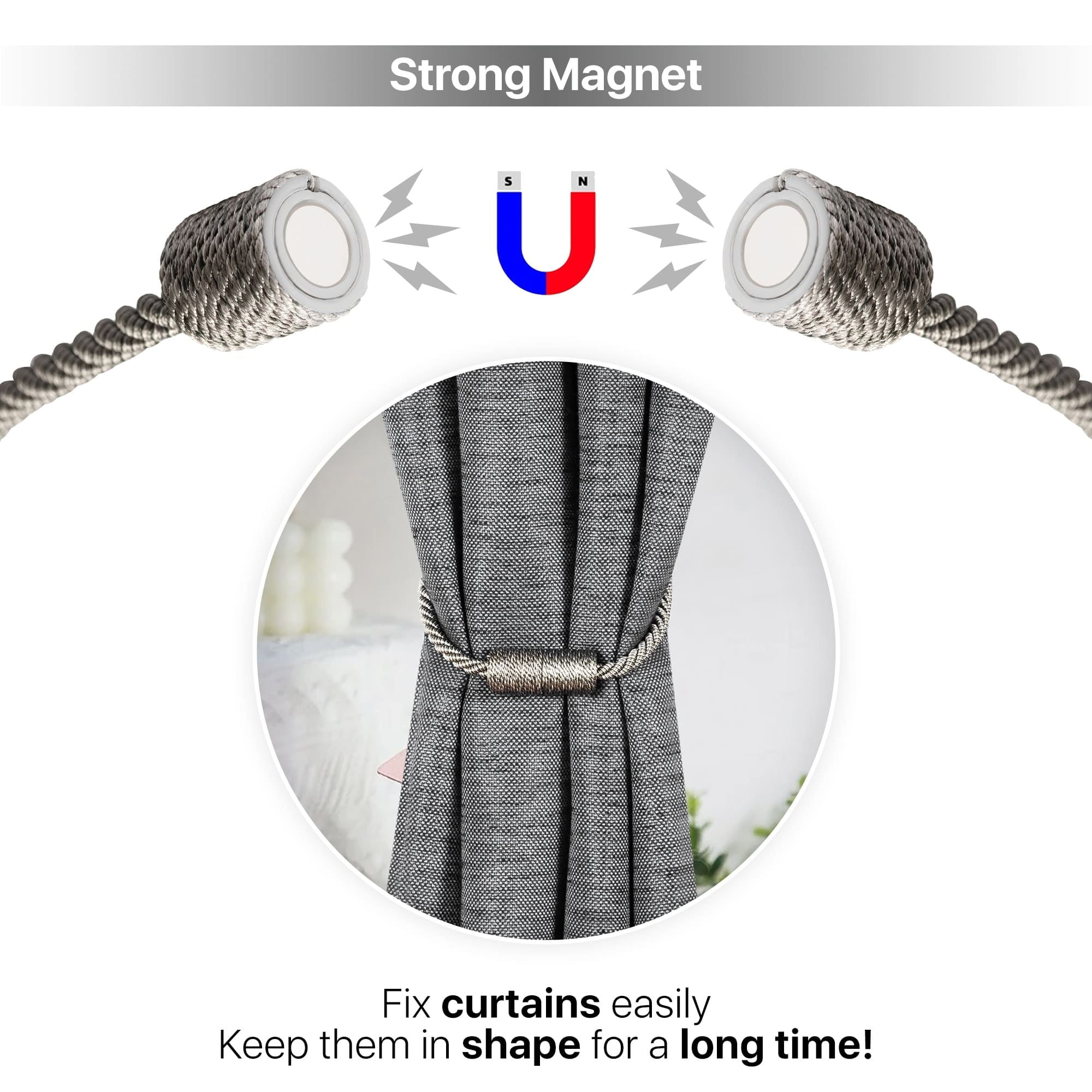 Mainstays 2-Pack Magnetic Tiebacks for Curtains, 17.5 Inch - Gray