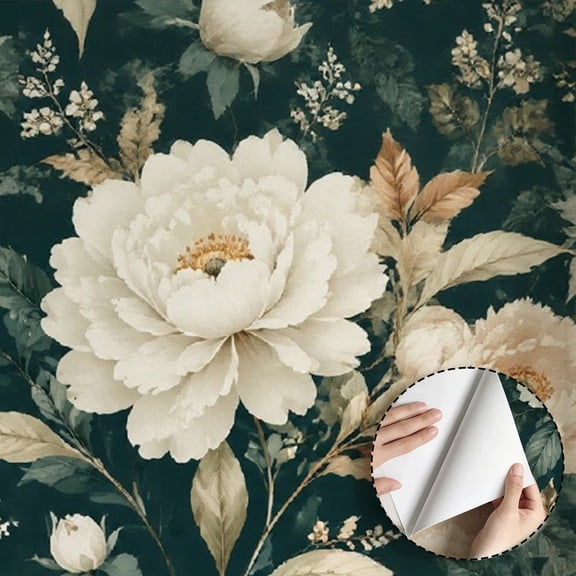 Dark Green Peony Floral Wallpaper, Vintage Floral Rustic peel and stick wallpaper, waterproof, Home Decor for Bedroom, Living Room, Bathroom, Kitchen Cabinet, Dorm Room [17.7 * 118 in]