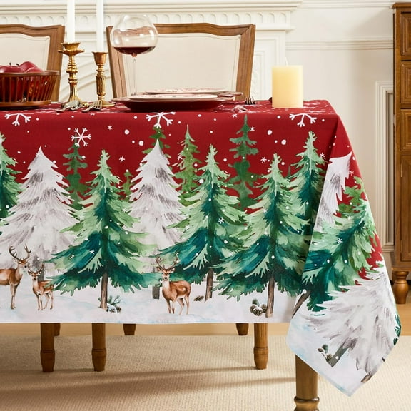 Red Christmas Tablecloth Rectangle 60x84 Inch, Xmas Table Cloth with Deers Tree Print, Waterproof Tablecloth, Decorative Table Cover Indoor Outdoor for Holiday Party Kitchen Dining