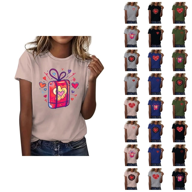 T-shirts de la Saint-Valentin pour Femmes 2026 Mode Manches Courtes Col Rond Cœur Graphique