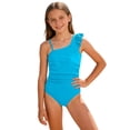 thumbnail image 3 of SHenli Girls Swimsuit One Piece Cute Bow Girls Tankini Swimsuit Lightweight Contrasting Trim Girl Bathing Suit Beach Swimwear Ruched Adjustable Strap Blue 12-13 Years, 3 of 5