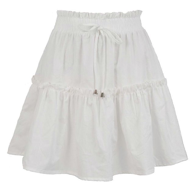 Women Summer Drawstring High Waist Mini Pleated Skater Skirt Solid Color Flared Ruffle Hem Loose Swing A-line Streetwear Yellow Xl