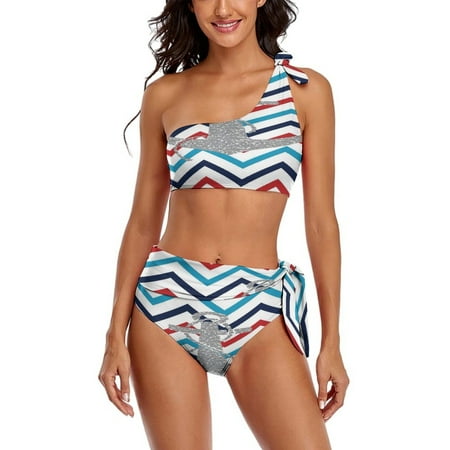 American Blue Red White Anchor One Shoulder Bowknot Swimsuit Two Piece Swimsuit Knot Crop Top Bikini High Waisted Bathing Suit