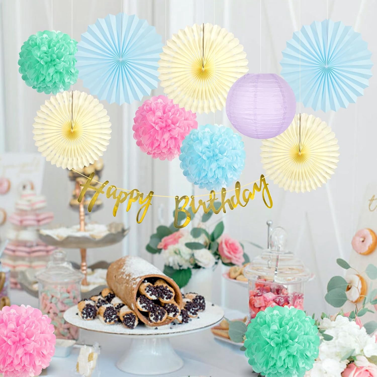 Pastel Birthday Party Decorations for Girls Women with Happy Birthday Banner Pastel Paper Fans Tissue Pom Poms Lantern Decorations Birthday Decorations Kit