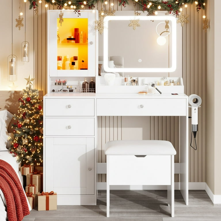 modern dresser vanity Paproos Vanity Set with 3 Color Lighted Mirror, Modern Makeup Vanity Table with Charging Station and Hair Dryer Rack, Bedroom Dressing Table with 3