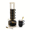 thumbnail image 1 of 4-ounce espresso cup with saucer, spoon and metal holder, 6-piece small stackable coffee cup set, Nespresso ceramic Demitasse cup, black, 1 of 9