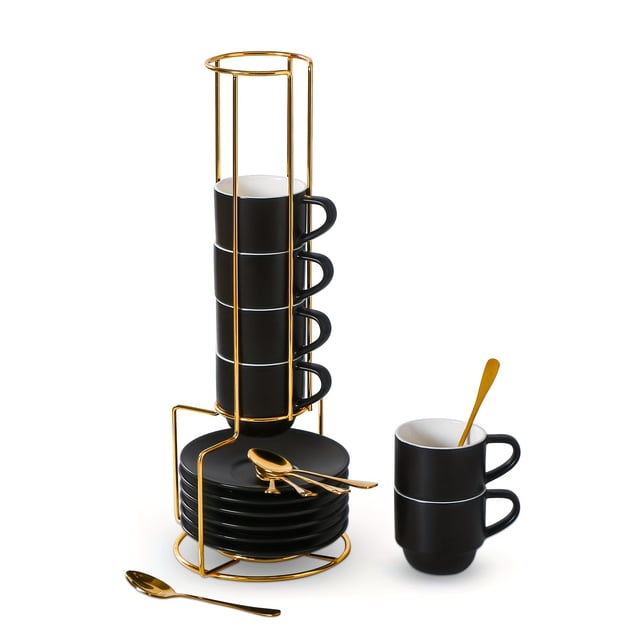 4-ounce espresso cup with saucer, spoon and metal holder, 6-piece small stackable coffee cup set, Nespresso ceramic Demitasse cup, black
