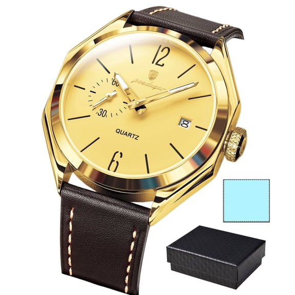 POEDAGAR Men Leather Quartz Watch Fashion Casual Luminous Date Wristwatch Water Resistant Luminous Hands Male Daily Business Clock
