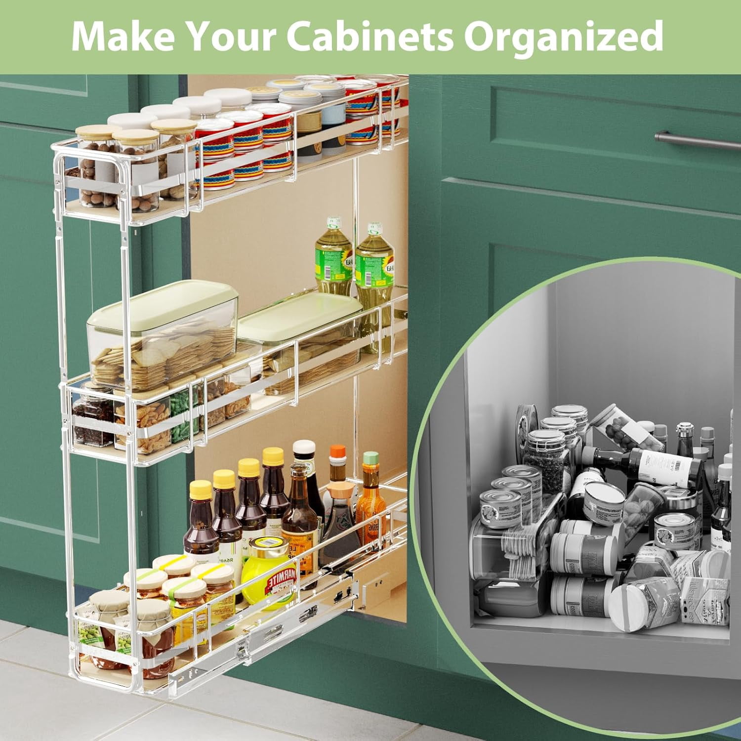 Pull Out Spice Rack Cabinet Organizer (8" W X 20½" D),3 Tier Slide Out Drawer for Narrow Cabinet, Pull Out Shelves Under Cabinet Storage for Kitchen