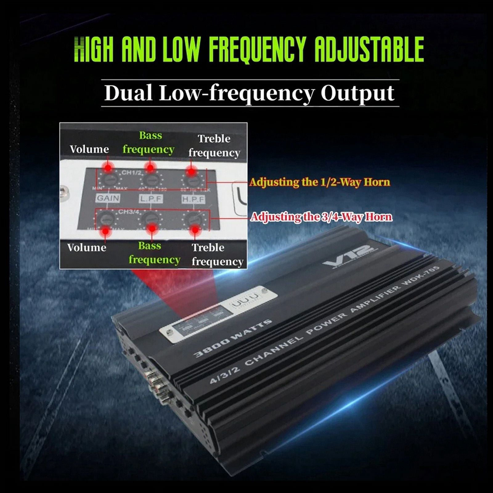 12V 3800W Car Audio Amplifier High Power Dual Bass Output Cart 4 Channel Audio Speaker Subwoofer Amplifier