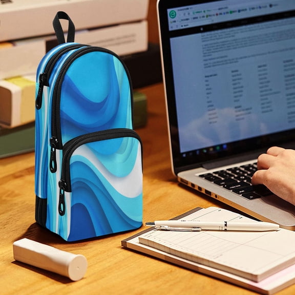 Backpack Pencil Case, 3 Compartment Large Capacity Oxford Fabric Pencil Pouch / Abstract Water Waves