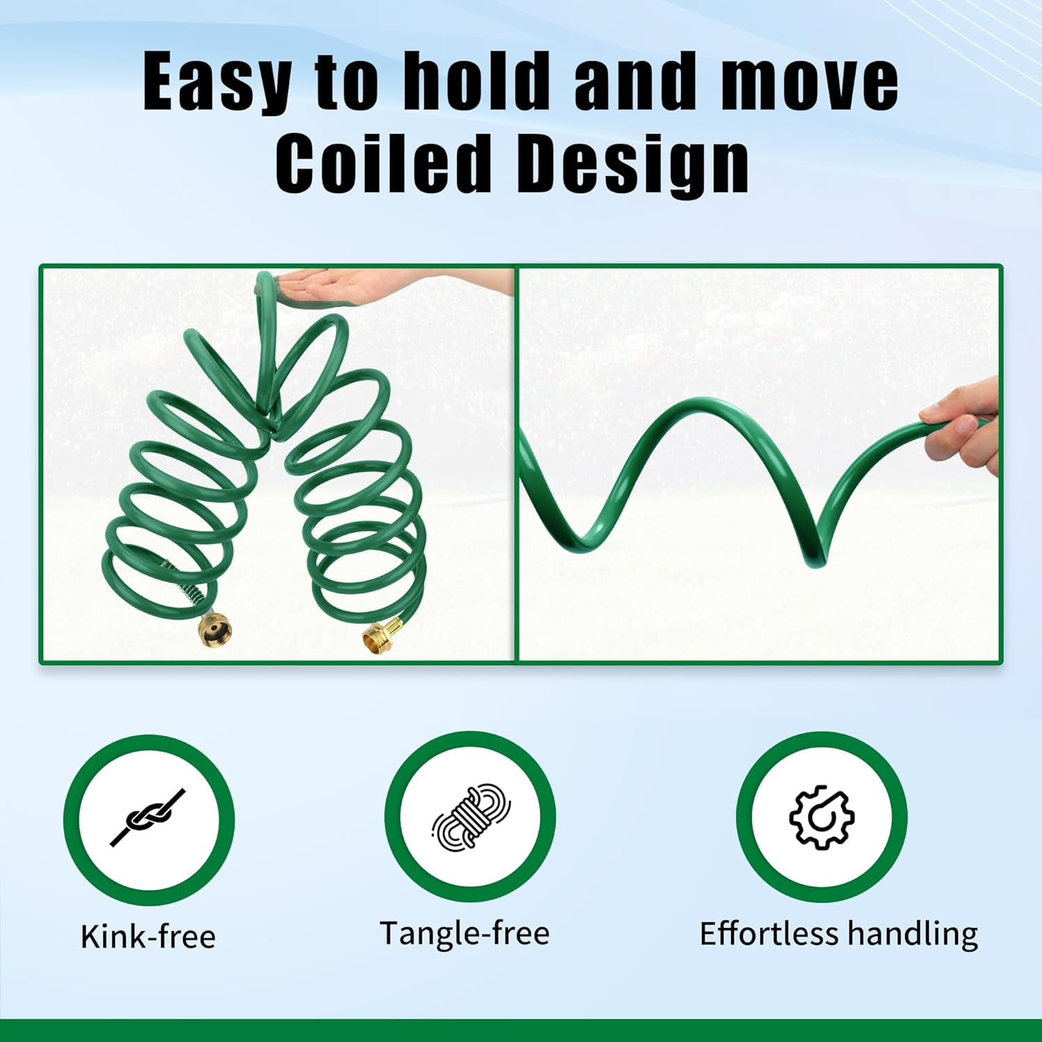 Coil Garden Hose 15 ft, EVA Curly Water Hose with Brass Connectors,  Garden Water Hose,Includes 7- Function Sprayer,Retractable, Resistant Garden Coil Hose.