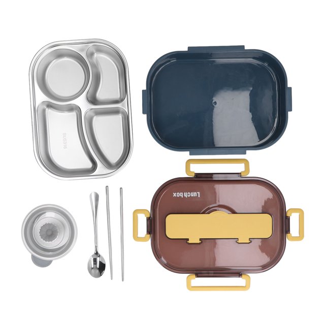 Stainless Steel Lunch Box, Japanese Lunch Box Multifunctional Humanized Design For School For Office Blue And Yellow Four Grids + Soup Bowl,Pink And Purple Four Grid + Soup