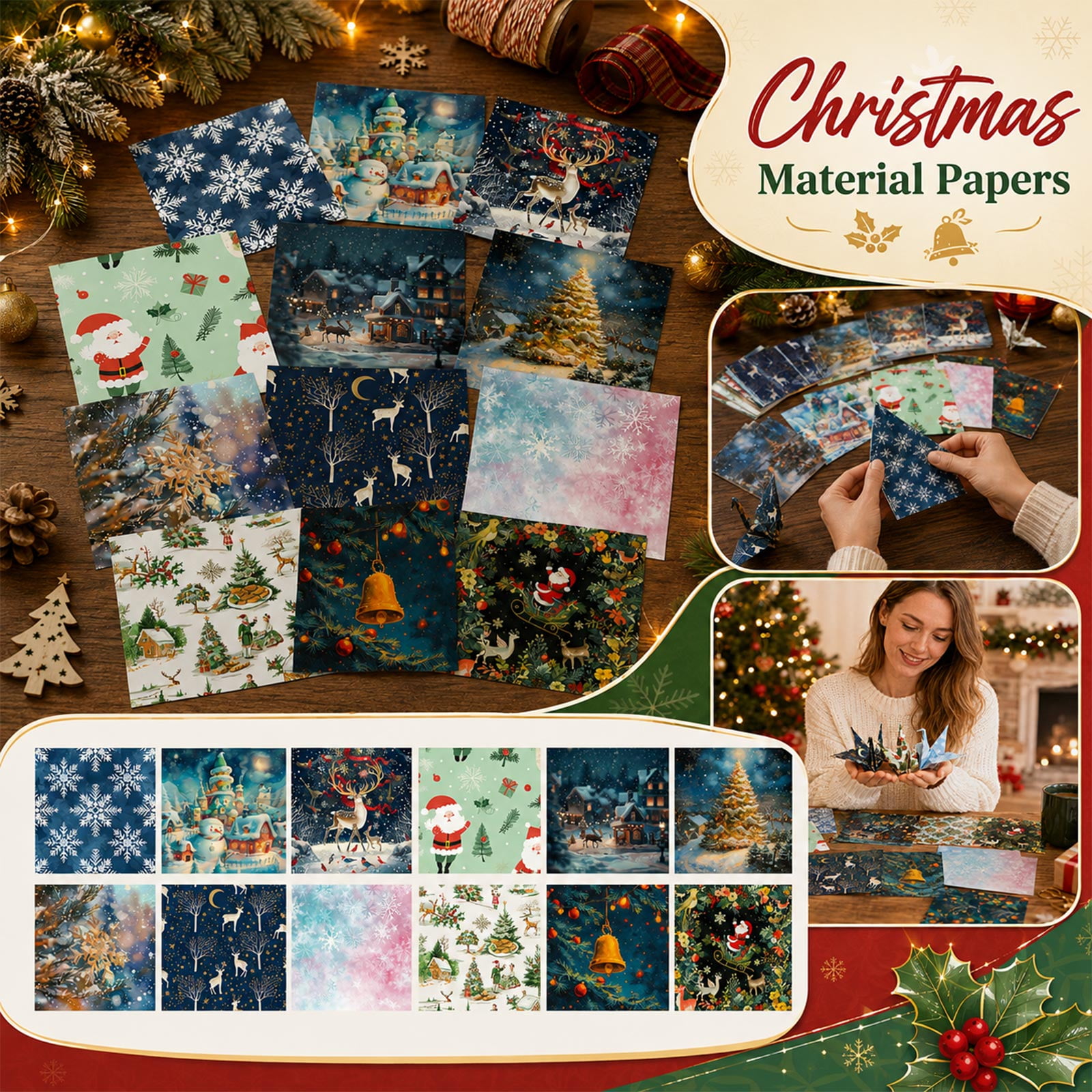 Christmas Decorative Scrapbook Paper Winter Holiday Pattern Craft Sheets with Santa Reindeer Snowflake Christmas Tree Double Sided Origami Paper for Card Making Junk Journal DIY Craft Supplies
