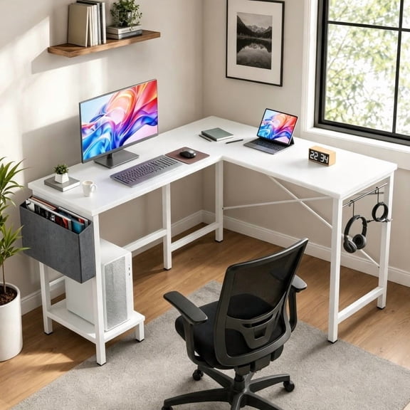 Reversible L‑Shaped Computer Desk, Corner Home Office Workstation with Storage Bag and CPU Holder for Gaming & Study,White