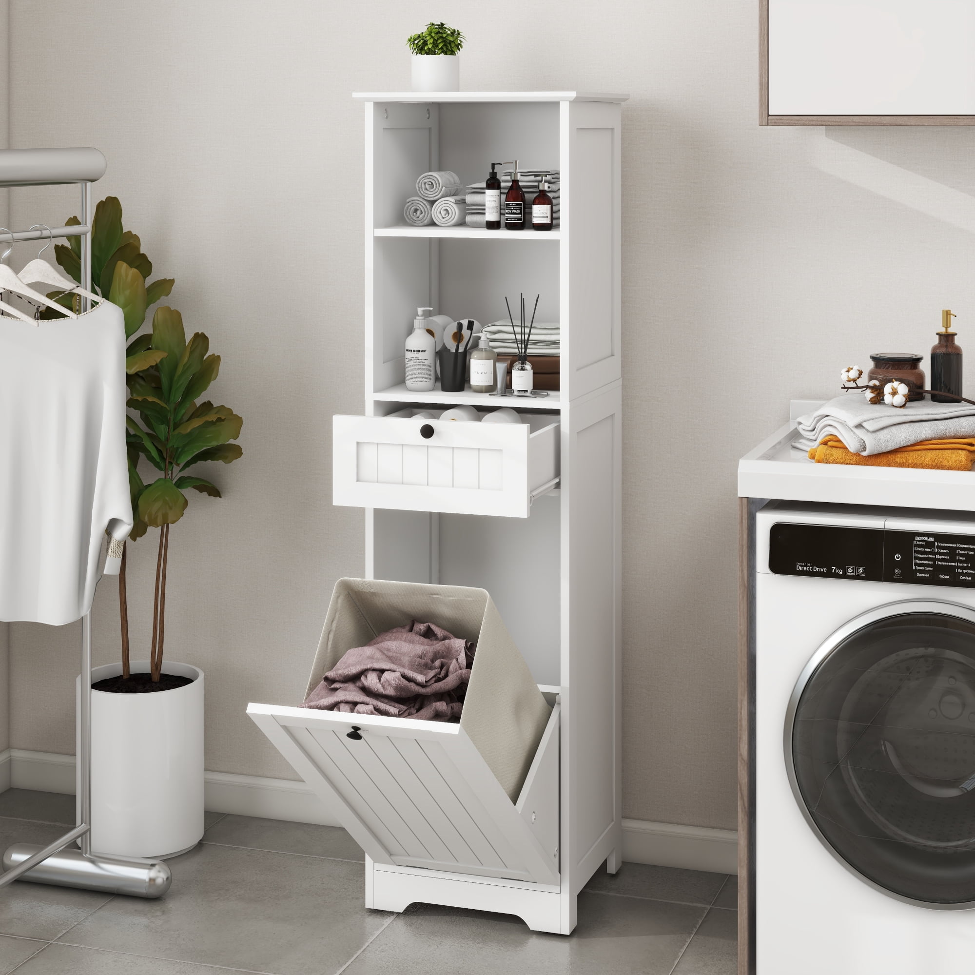 Leumius Tilt-Out Laundry Hamper Cabinet,Freestanding Laundry Sorter Cabinet with Compartment & Drawer,White
