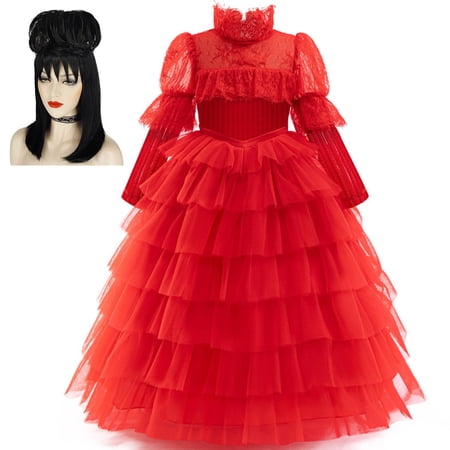 Phenas Lydia Deetz Costume for Girls Halloween Costumes Ghost Red Bride Wedding Dress Up Kids Christmas Party Cosplay 4-14Y