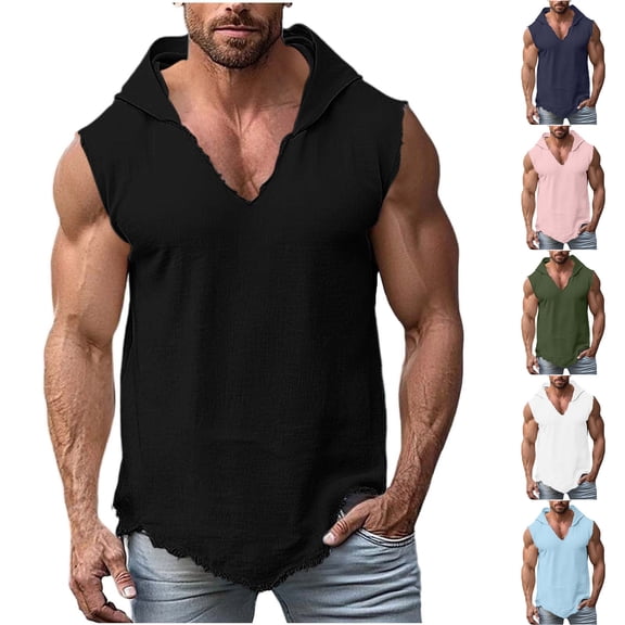 Purcolt Mens Tank Top Summer Casual V Neck Sleeveless Hoodie Training T-Shirt Loose Fit Bodybuilding Gym Workout Muscle Tee Shirt