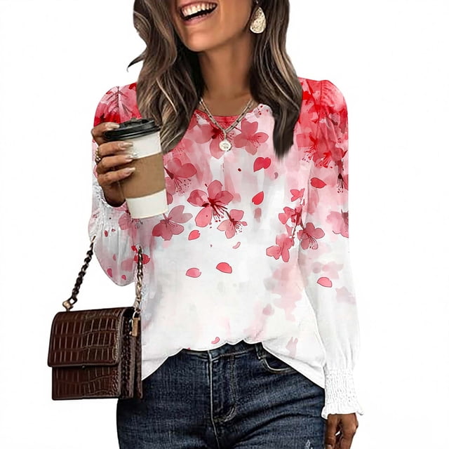 VgaVtl T-Shirts d'Automne et d'Hiver pour Femmes Manches Longues Hauts Décontractés Amples Floraux Superposition Roses,G