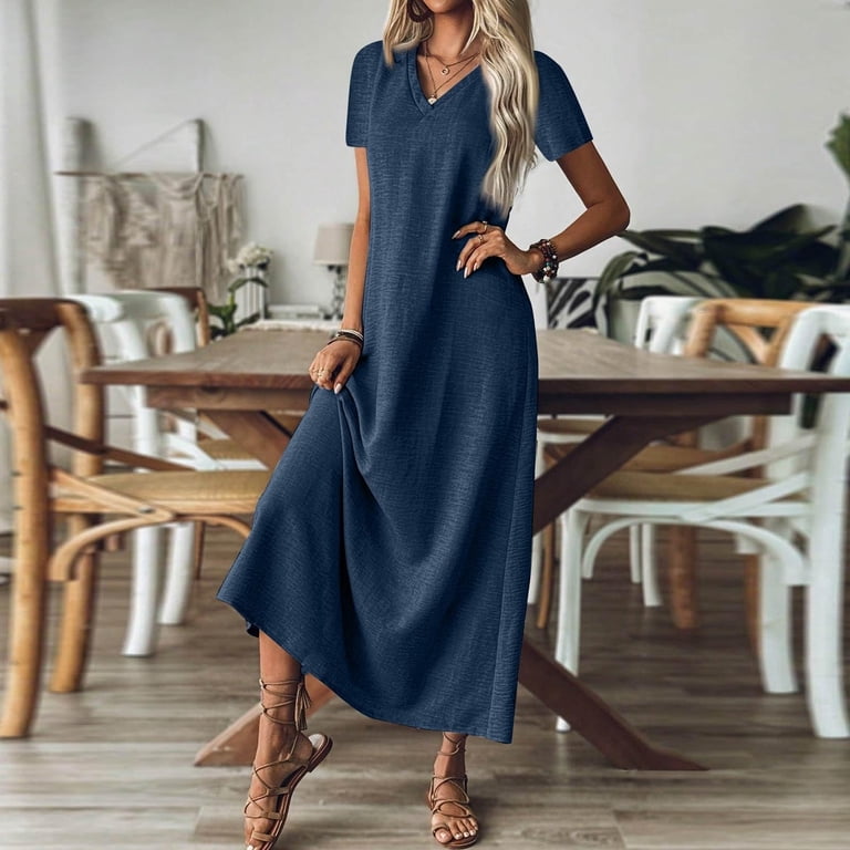 Breezora Women's V Neck Short Sleeve Linen Maxi Dress with Back Zipper Comfortable Summer Beach Dress L Size Dark Blue - Walmart.com Breezora Women's V Neck Short Sleeve Linen Maxi Dress with Back Zipper Comfortable Summer Beach Dress L Size Dark Blue - Walmart.com
