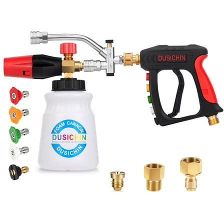 DUSICHIN Short Gun Foam Cannon 1/4" Quick Connector Pressure Washer ,Car Wash Foam Gun Kit Dual Connector Accessory,5 Pressure Washer Nozzle Tips 3/8'' Swivel Quick Connector,Not Use with Garden Hose