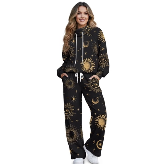 Psesaysky 2 Piece Sets for Women Fall Outfits Sweatsuit Oversized Drawstring Sweatshirt Wide Leg Sweatpants Matching Set Tracksuit(Galaxy Sun Stars Print), Size XS