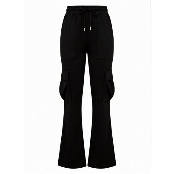 CUZIBR Women'S Cargo Pants Women Flare Baggy Hiking Pants With Pocket Casual Relaxed Fit Outdoor Camping Leisure Dates Trousers,Black,L