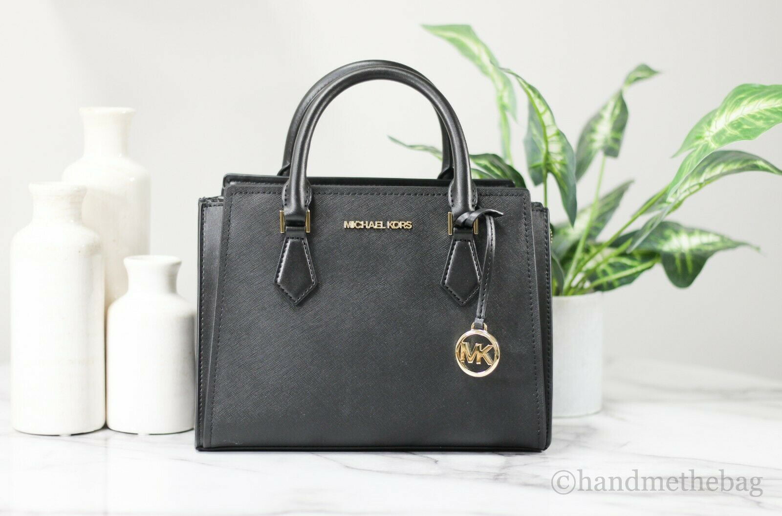 Michael Leather Messenger Bag Handbag (Solid Black/Gold) - Walmart.com