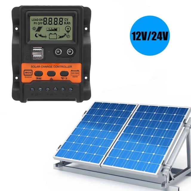 Dual USB Solar Controller, PWM 12V 24V Automatic Adaptation, Large LCD Screen, Low Self Consumption, Phone Charging, ABS Material, Orange Color, Standby Current: 12V,