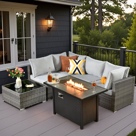 Vcatnet 6 Pieces Outdoor Patio Furniture with Fire Pit, Wicker Outdoor Conversation Set, Outdoor Sectional with Coffee Table, Gray