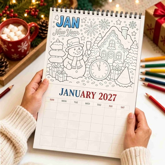 2027 Coloring Calendar for Adults, Monthly Themed Illustrations for Creative Fun, for Desk Shelf Wall