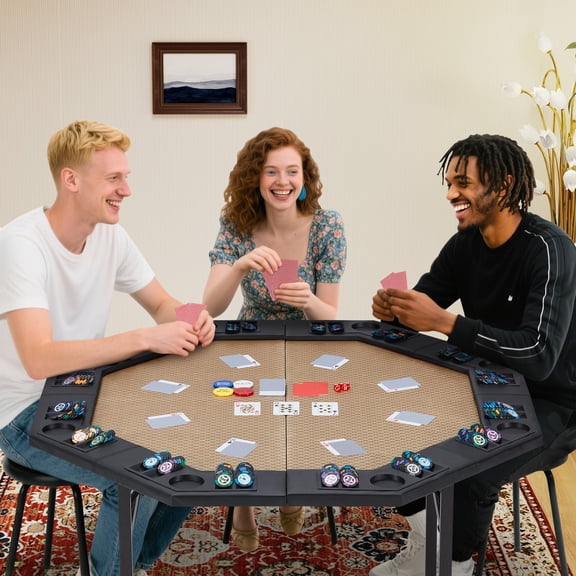 8 Player Foldable Poker Table, Portable Folding Game Table with Cup Holder and Chip Trays for Home Parties, Game Rooms