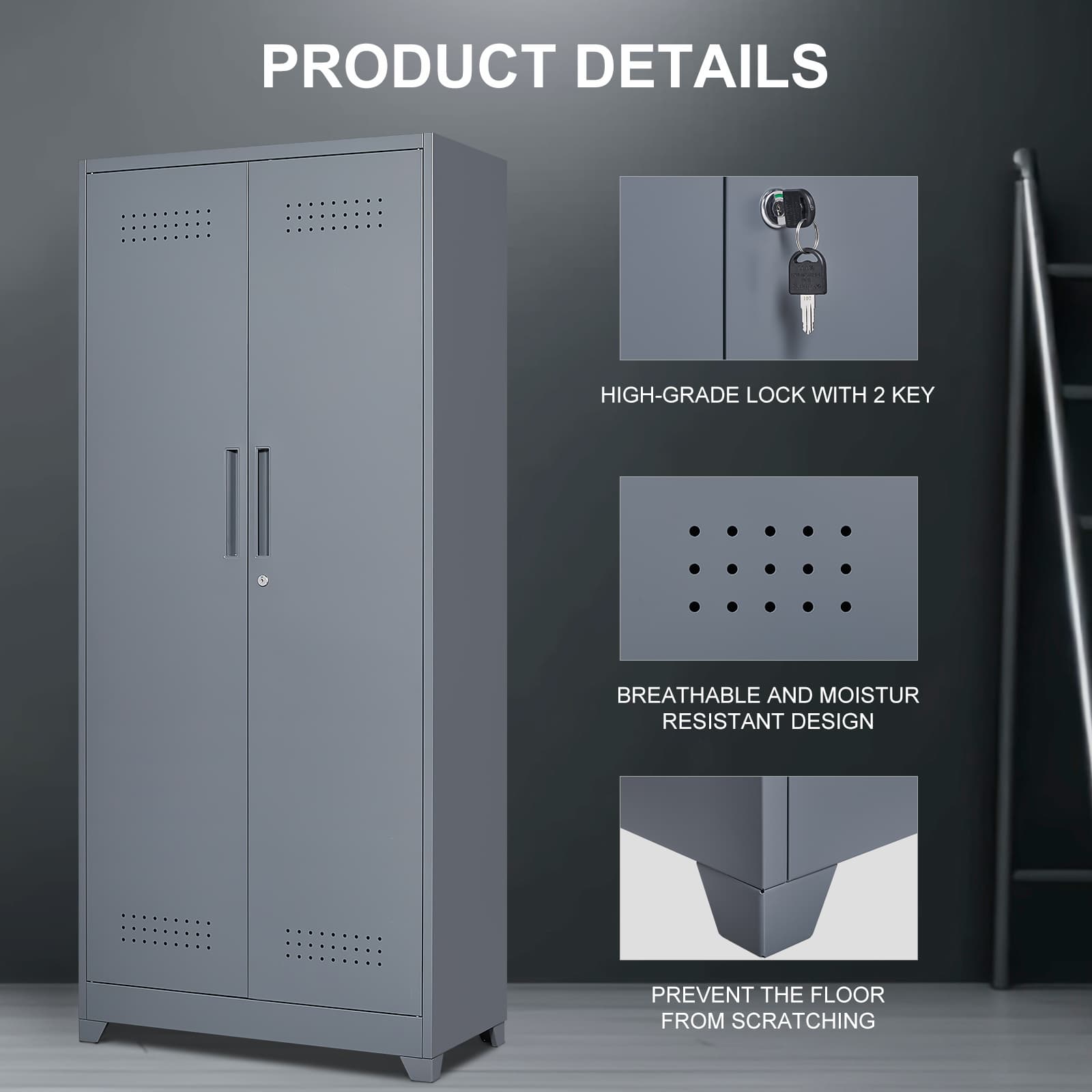 Aukfa 72" Metal Garage Storage Cabinets, Lockable Broom Closet Storage Cabinet with Shelves for Basement/Office/Laundry Room, Gray