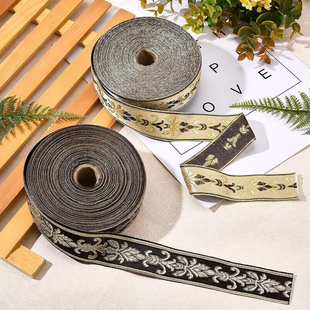 27 Yard 1.18 Inch Vintage Jacquard Ribbon Coconut Brown Emobridered Woven Trim Gold Floral Webbing Ribbon for DIY Clothing Accessories Embellishment