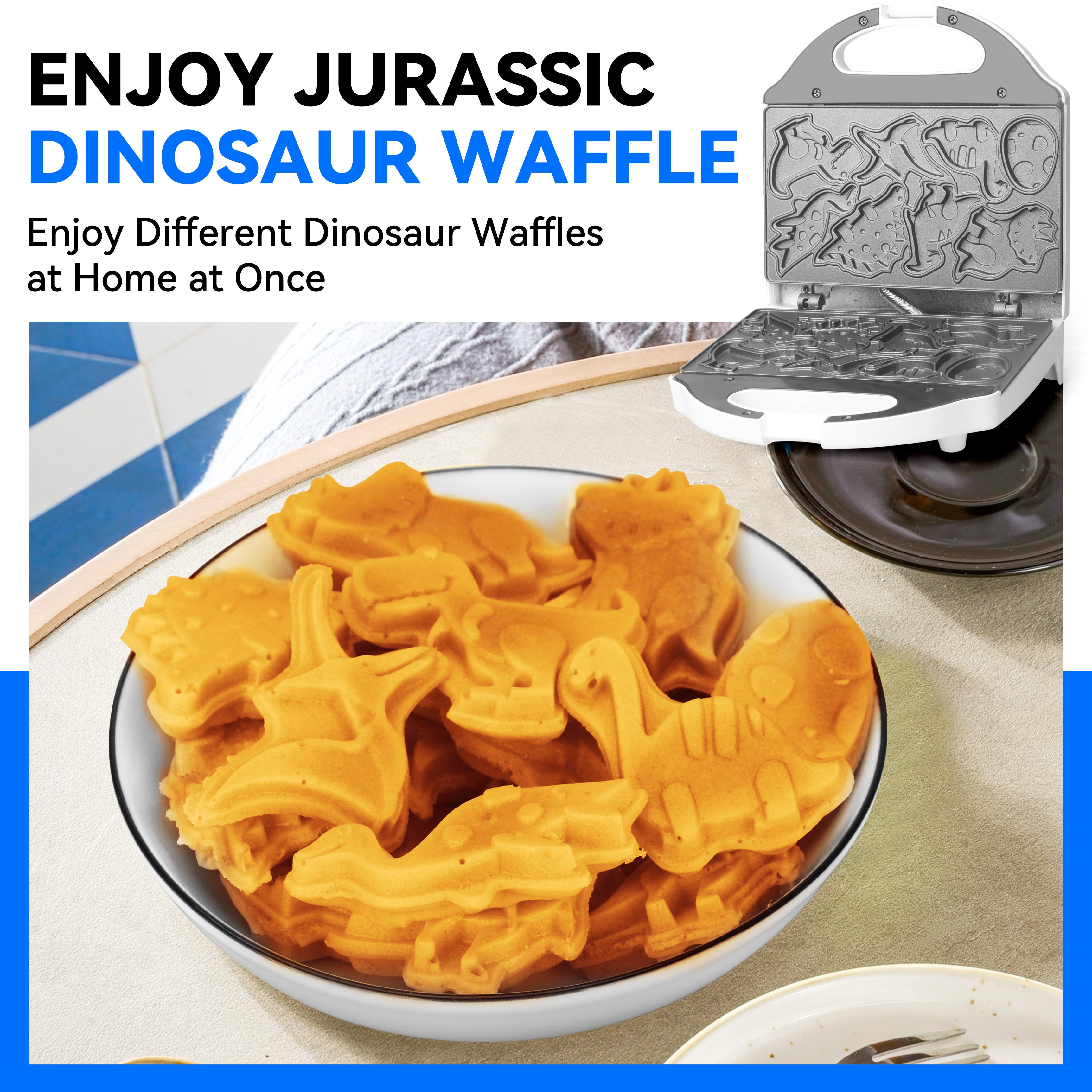 Mailand Dinosaur Mini Waffle Maker for Kids, 8-Shaped Dino Waffle Maker, Electric Non-Stick Waffle Iron, White