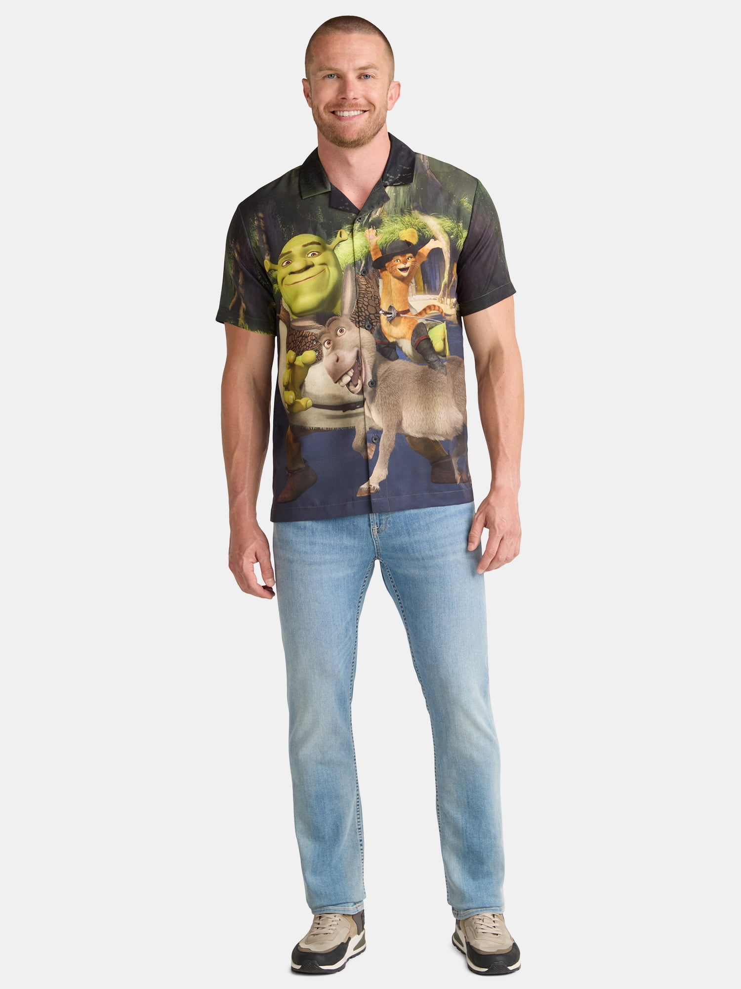 Shrek Men's and Big Men's Group Pose Graphic Button Up Shirt, Sizes S-3XL