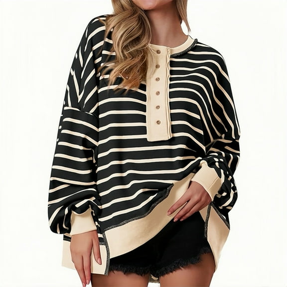 Women's Casual Black Striped Color-Block V-Neck Long-Sleeve Button Pullover Sweatshirt, Spring Autumn Winter, S