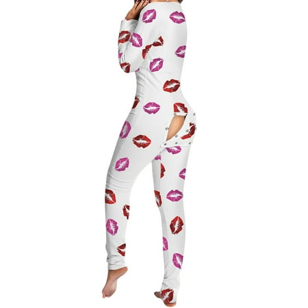 

Women Butt Flap Pajamas Button-Down Front Buttoned Flap Adults Jumpsuit One Piece Sleepwear