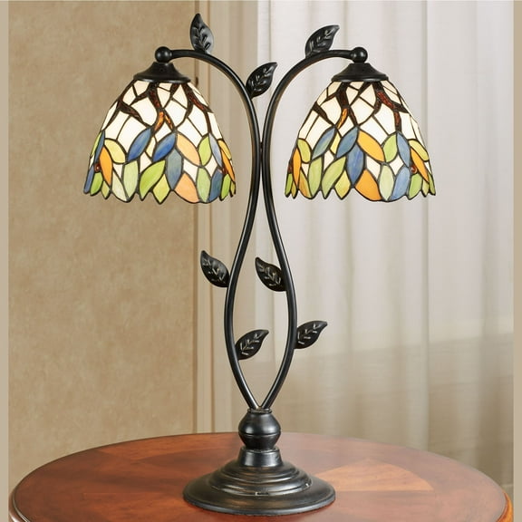 Bergamo Stained Glass Table Lamp Multi Bright - Double Shade - Handcrafted - Painted by Hand - Two Lampshades - Tiffany Style Lamps for Bedroom