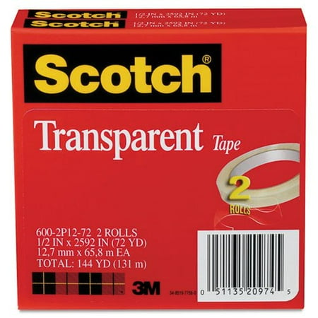 SCOTCH 6002P1272 Transparent Tape 600 2P12 72, 1/2 x 2592, 3 Core, Transparent, 2/Pack