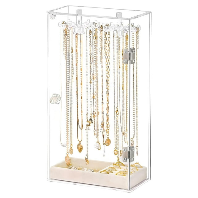 Soporte Para Collar, Organizador De Collar De Acrílico Con 24 Ganchos, Joyero Giratorio Transparente Con Bandeja De Terciopelo Para Guardar Anillos, Collares Largos Con Colgantes, Pulseras