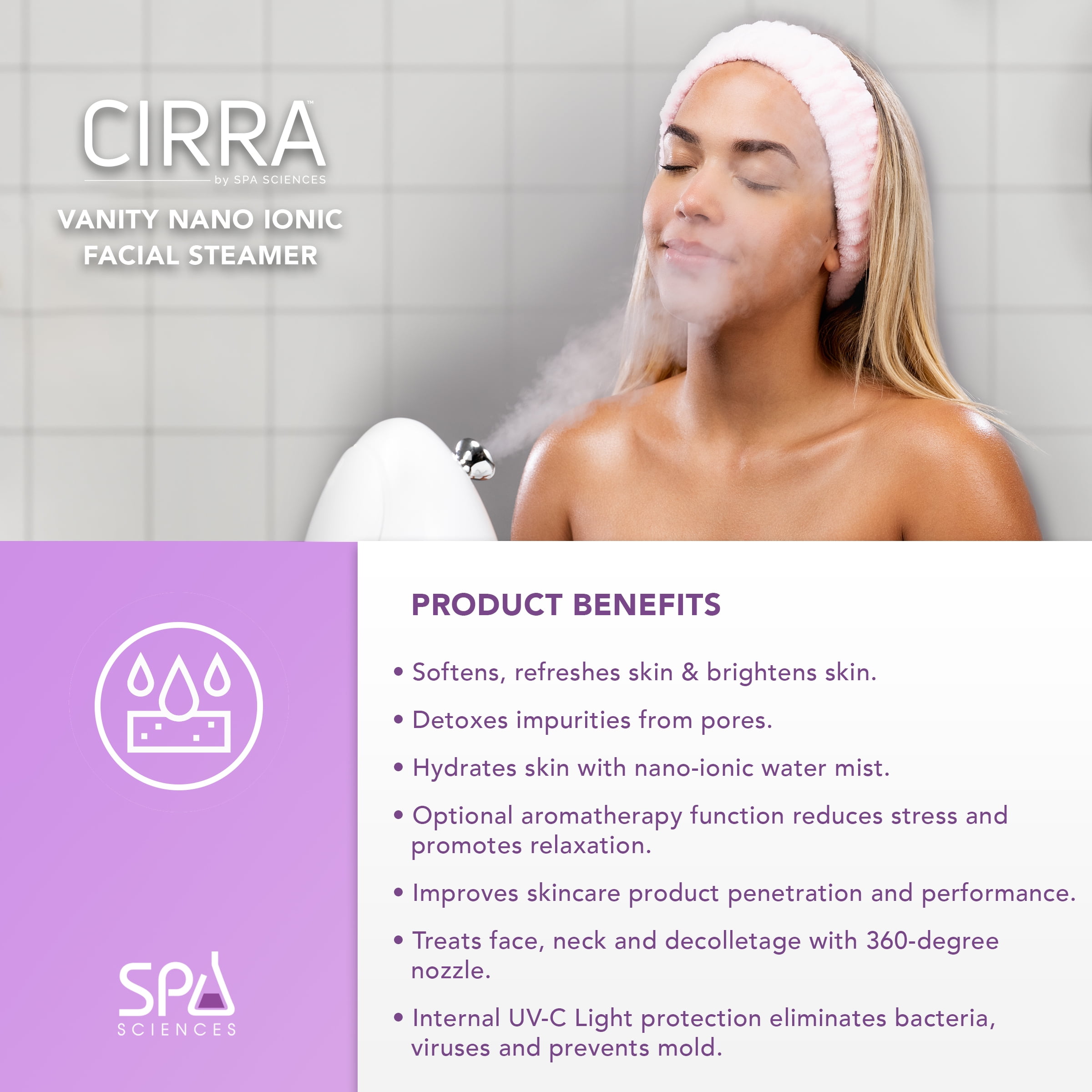 Spa Sciences CIRRA Facial Steamer with UVC Sanitizing, Aromatherapy, Hydration & Pore Cleanser