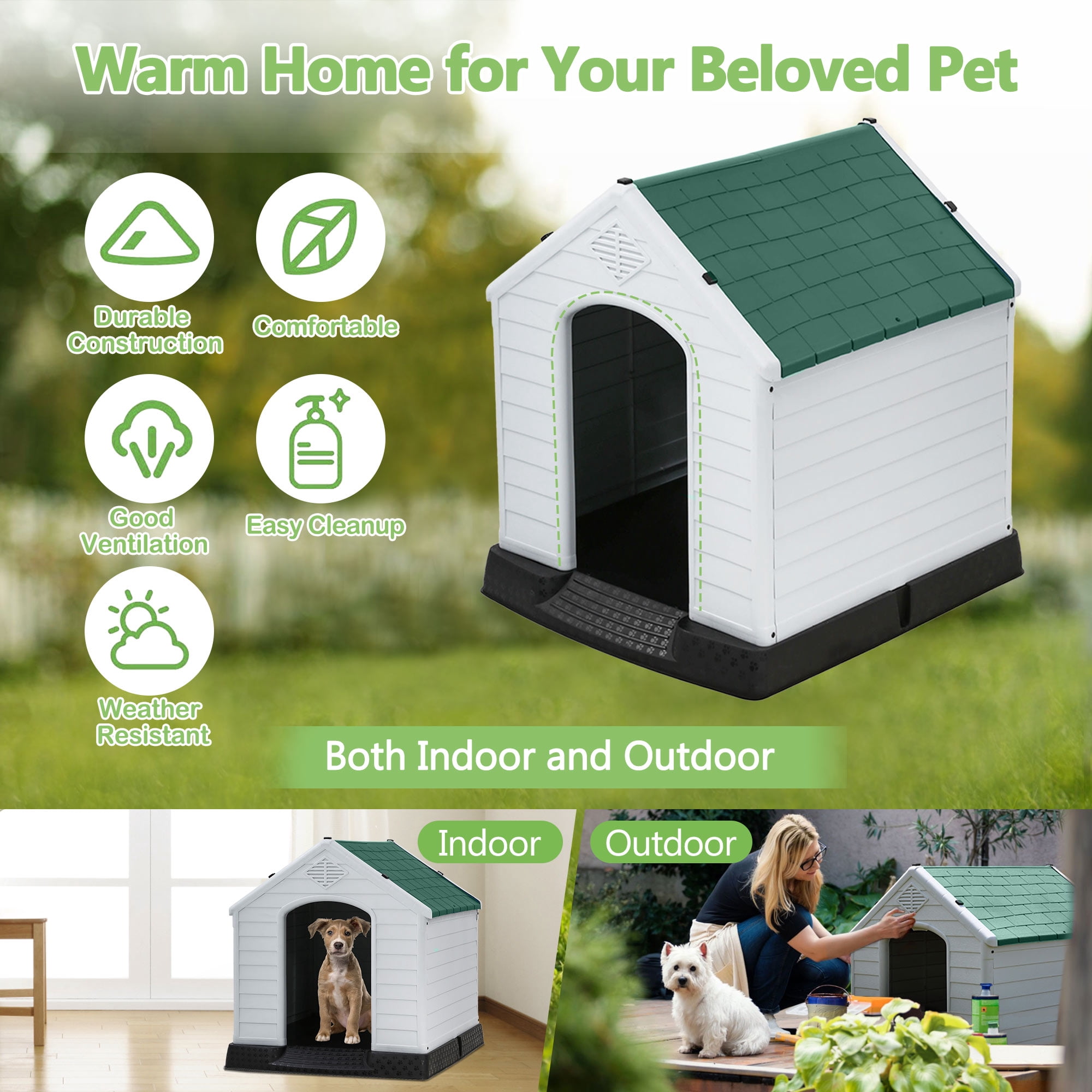 CL.HPAHKL Durable Plastic Dog House Outdoor Indoor, Waterproof Pet House for Small Medium Dogs, Insulated Puppy Shelter Doghouse with Elevated Floor and Air Vents(Green, 34 inch)
