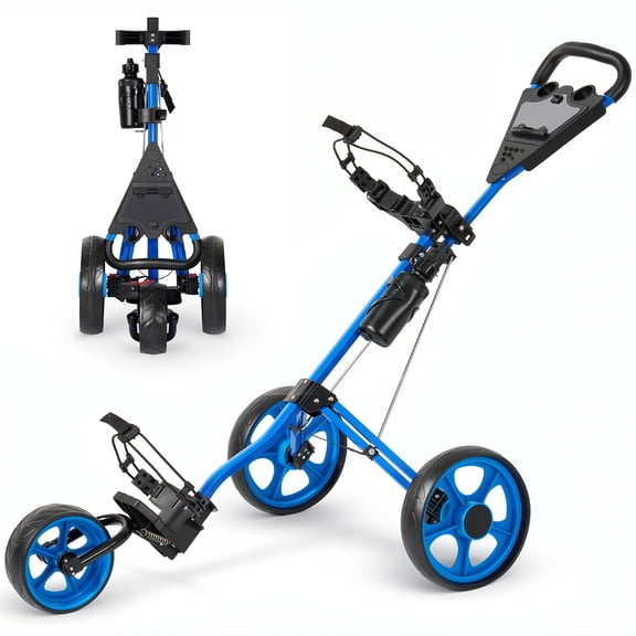 Naipo 3 Wheel Folding Golf Push Pull Cart, Large Wheelbase for Different Terrain, Adjustable Handle, Scorecard Holder, Blue