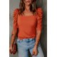 thumbnail image 3 of ABPHQTO Top de canalé con cuello cuadrado y manga abullonada naranja para mujer, 3 of 5